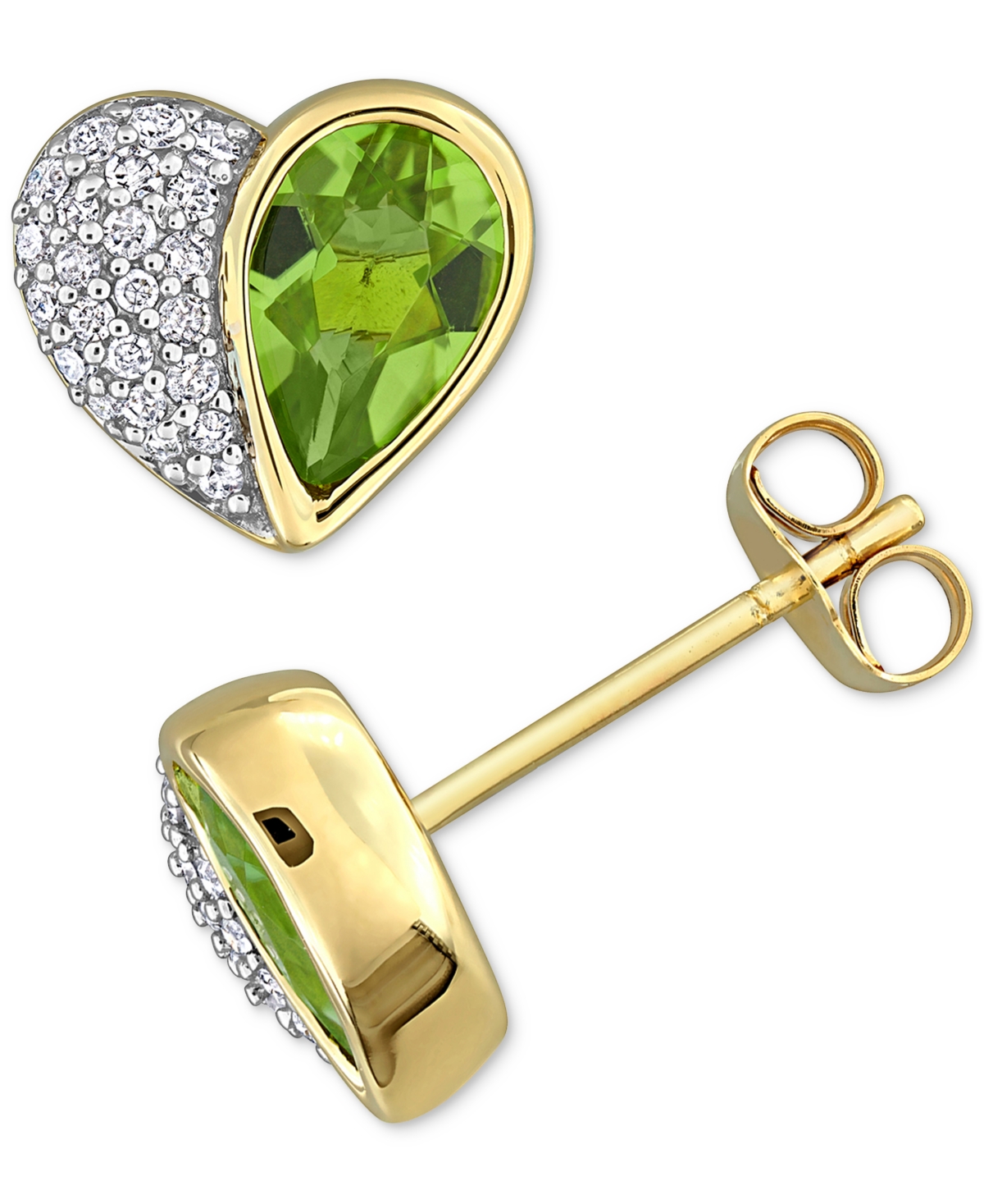 Peridot (1-1/2 ct. t.w.) & Diamond (1/5 ct. t.w.) Heart Stud Earrings in 10k Yellow Gold - Yellow