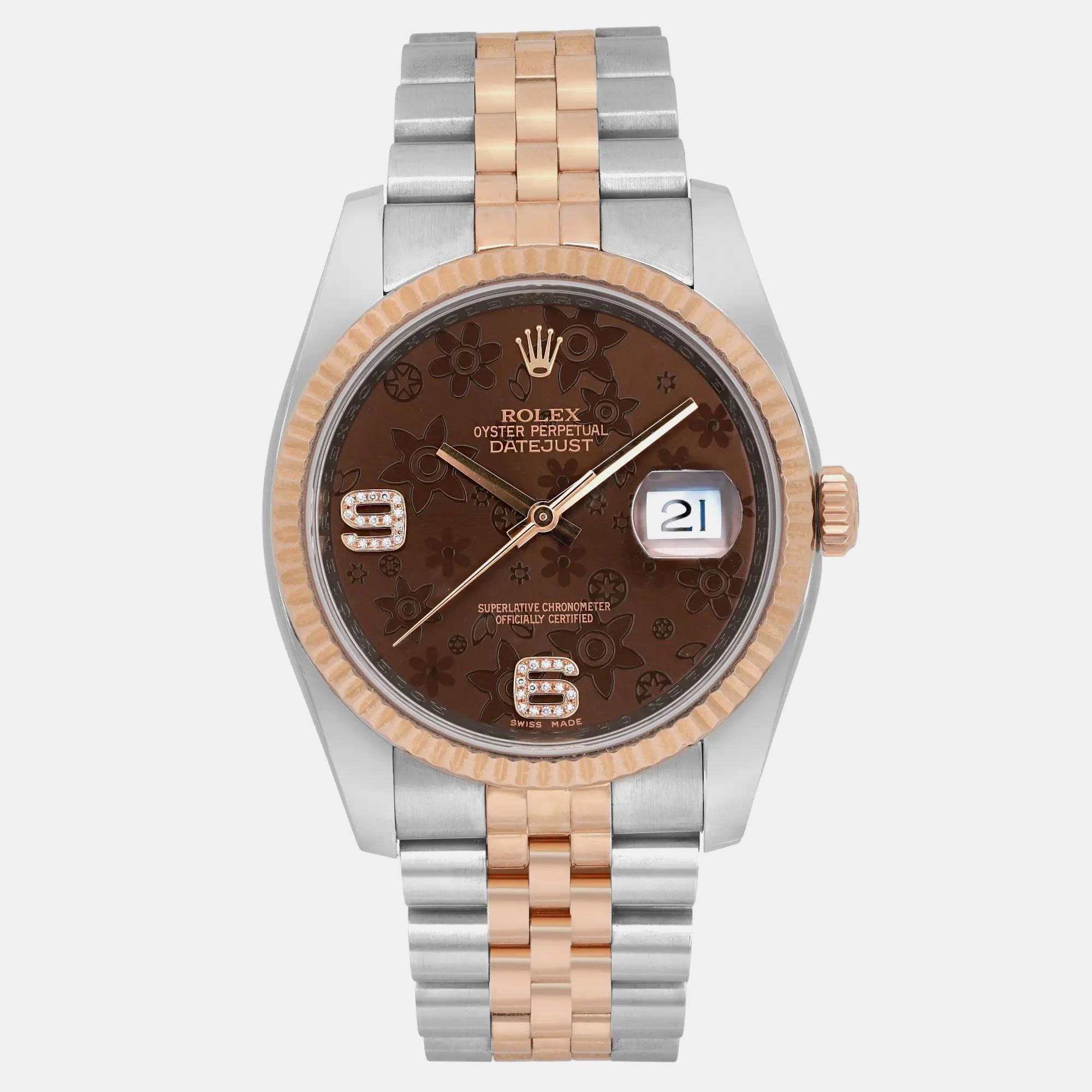 Rolex Brown Oyster Perpetual 116231 18K Rose Gold Stainless Steel Automatic Women's Wristwatch