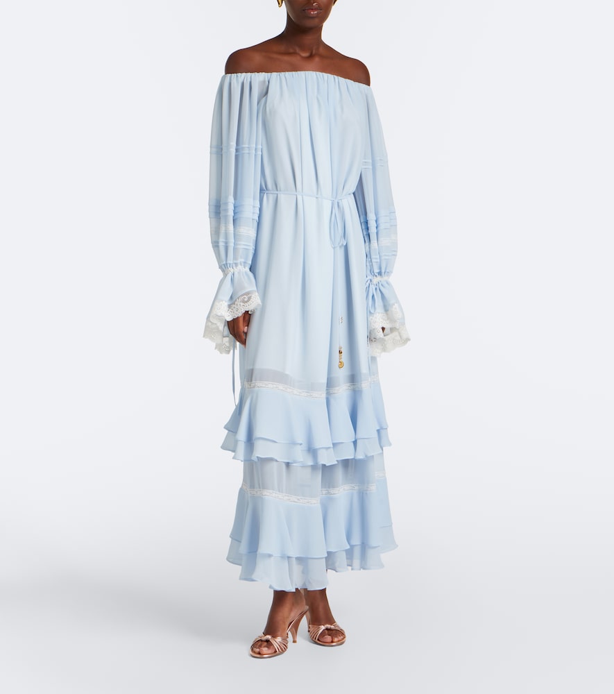 Ruffled off-shoulder lace-trimmed maxi dress