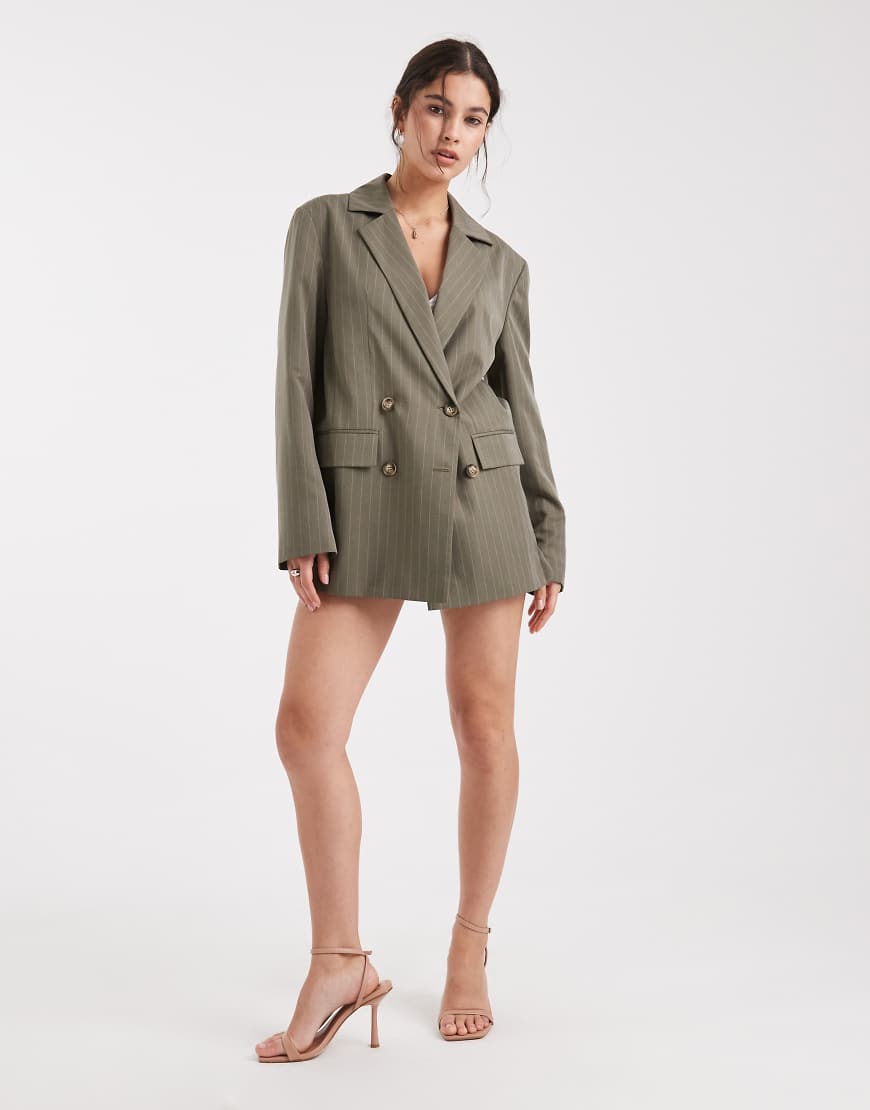 Slouchy oversized double breasted blazer co-ord in khaki pinstripe-Multi