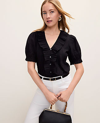 Ann Taylor Weekend Eyelet Ruffle Trim Blouse