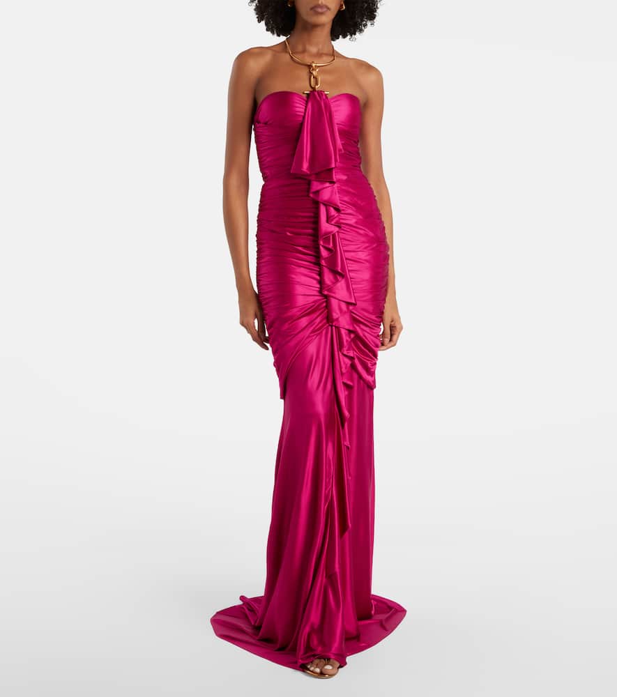 Draped ruffled satin bustier gown