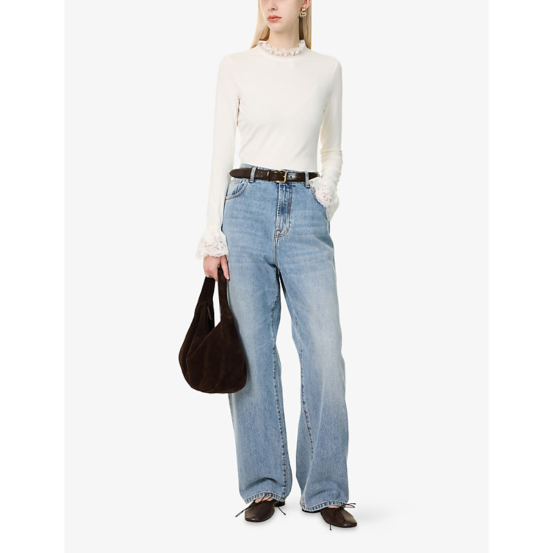Womens Lace-Trim Stretch-Jersey Top