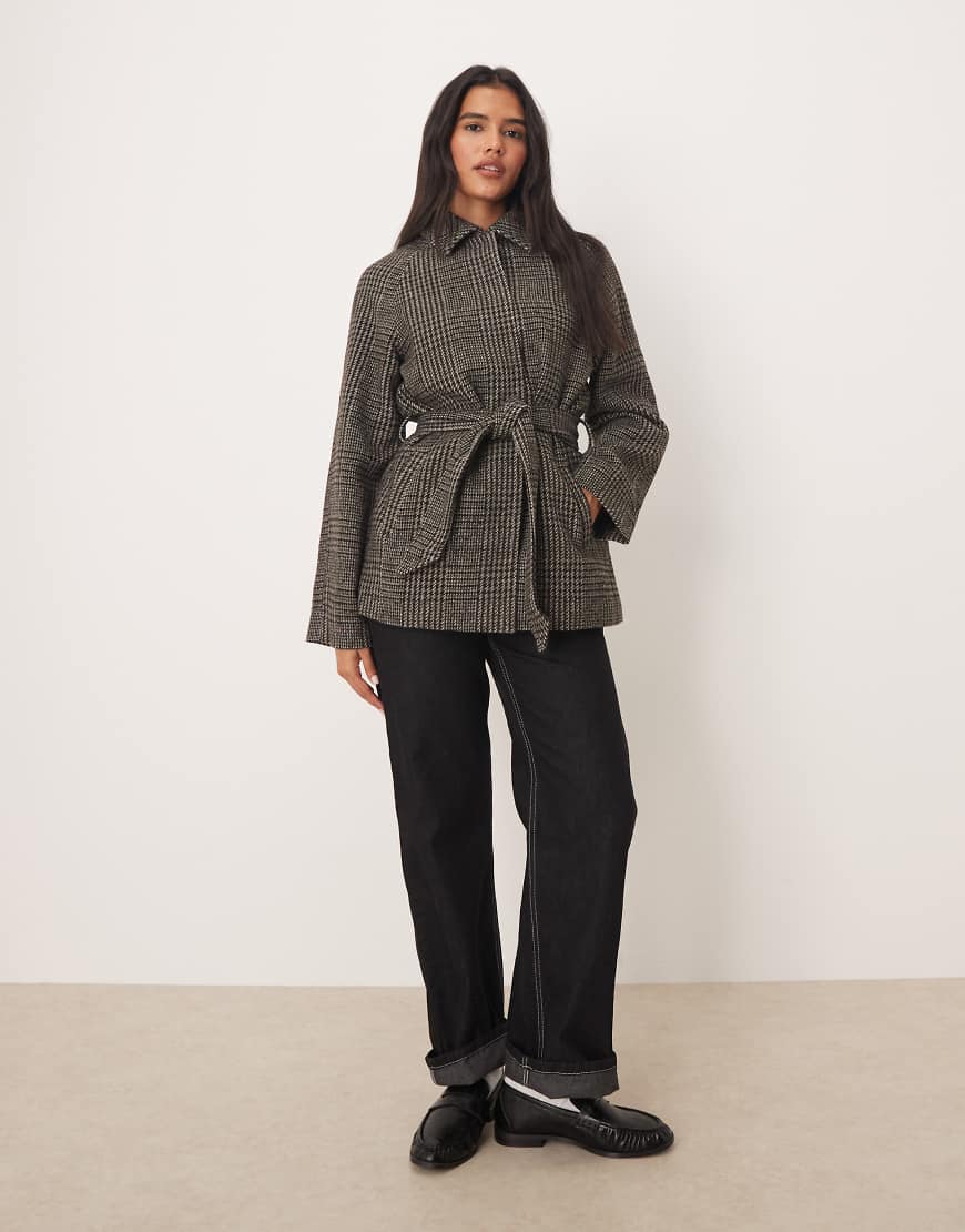 Tie waist coat in dark check-Grey