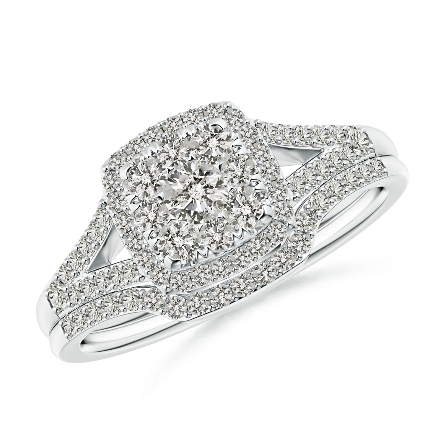 Angara 0.67 Carat Cushion Composite Diamond Halo Split Shank Bridal Set in Platinum