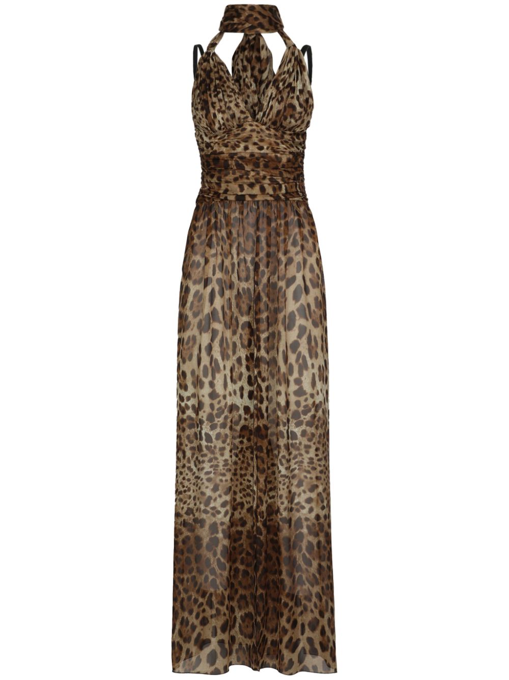 Leopard-print halterneck silk gown - Brown