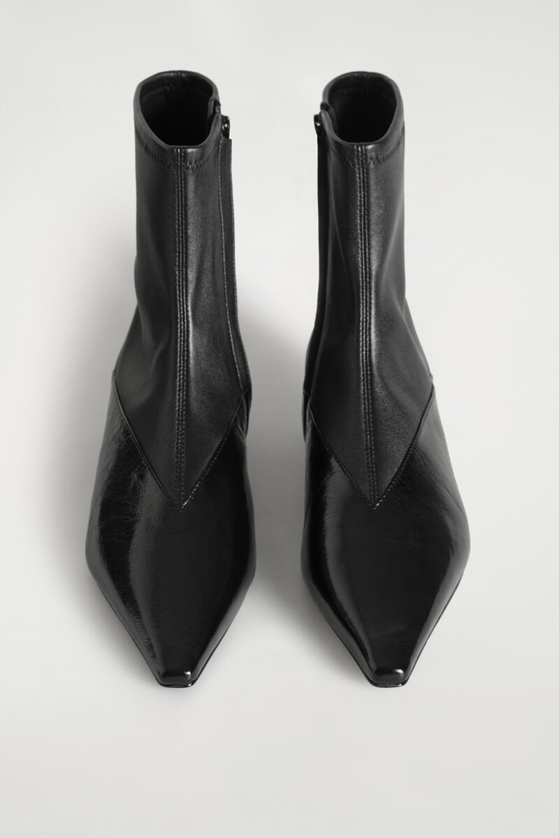 Paneled Pointed Leather Wedge Ankle Boots