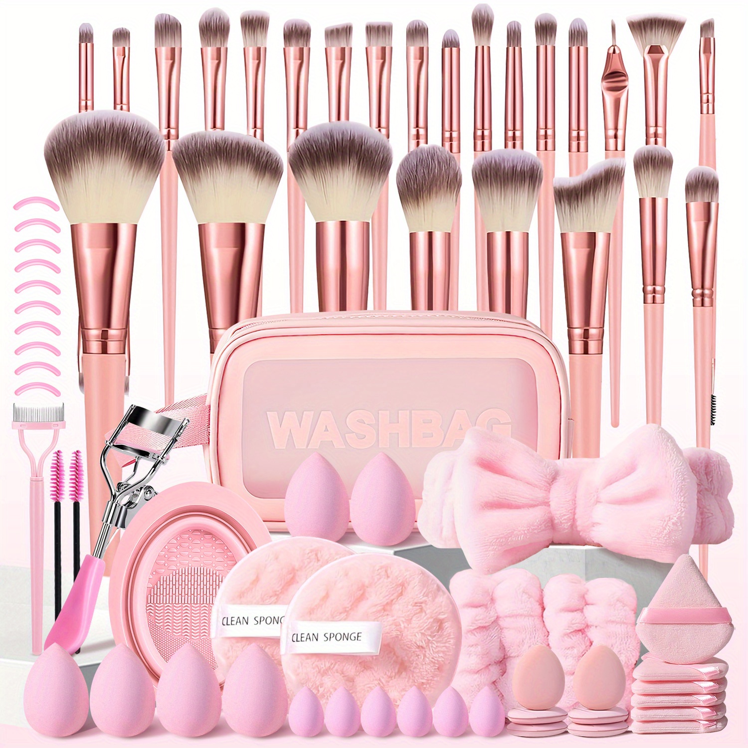 TEMU 70pcs Facial Makeup Tools Set, Pink Makeup Kit Includes 25pcs Pink Makeup Brushes & Washbag & Headband & Wristbands & Makeup Sponges & Makeup