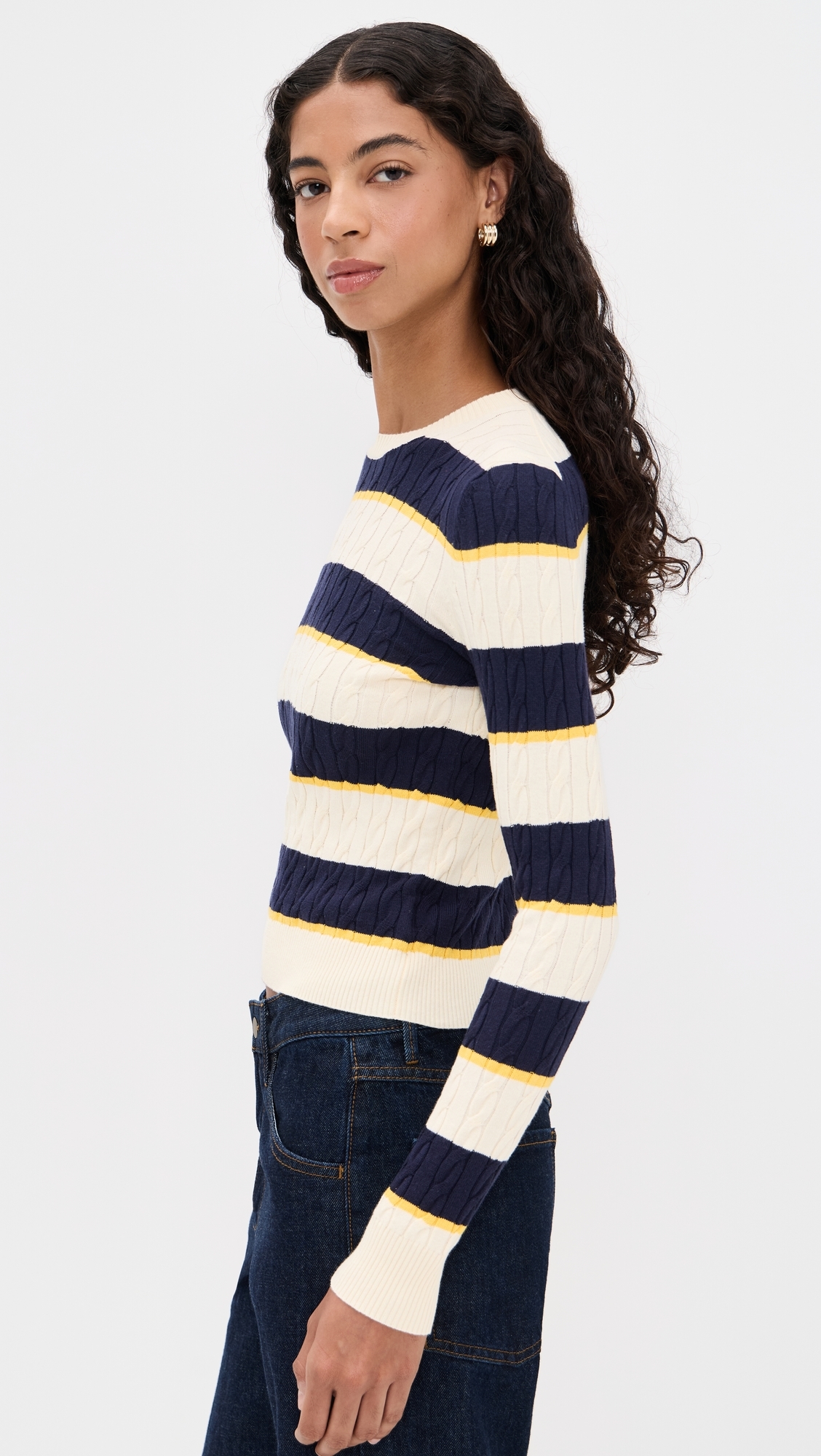 Cable Knit Pullover Ivory/Navy/Yellow