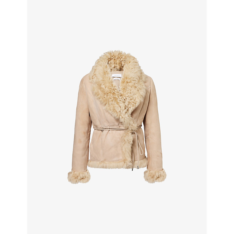 Womens Light Beige Moss Shearling-trim Suede Jacket 
