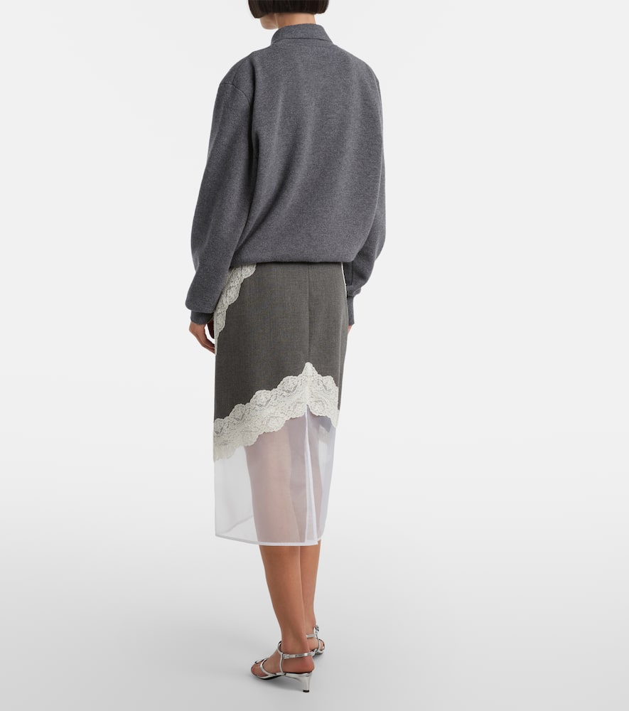 Lace-trimmed wool midi skirt