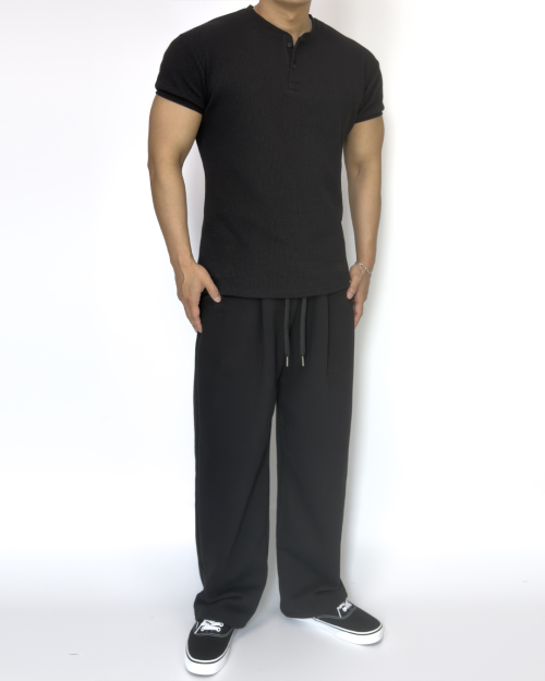 Muscle Fit Waffle Henley Neck Short Sleeve BLACK