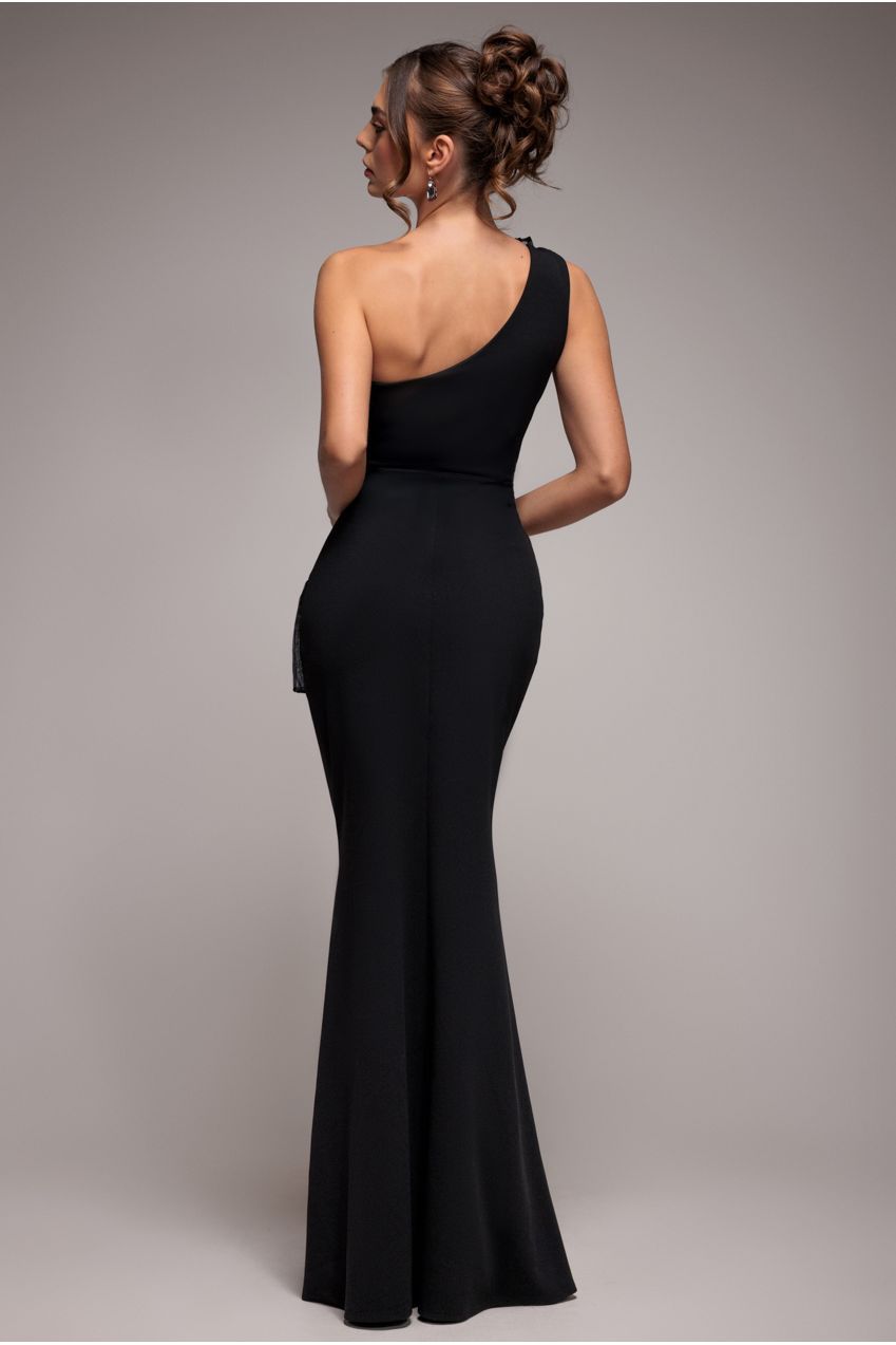 Goddiva Women's One Shoulder Pleated Fan Maxi Dress in Black