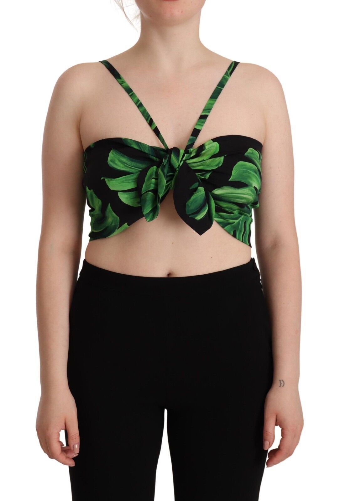 Leaf-Print Silk Halter Top — Black