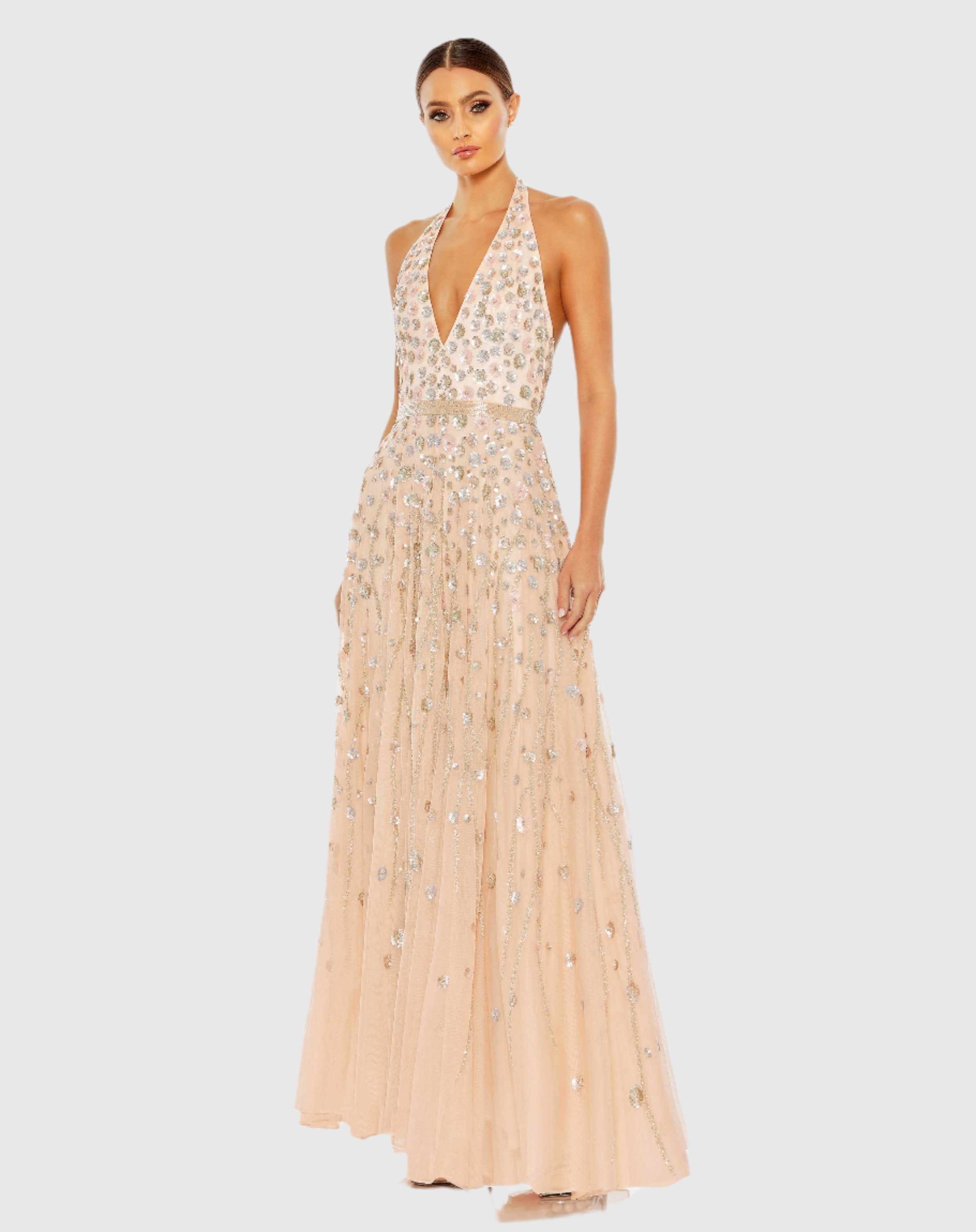 Light Pink Floral Embellished Halter Strap A Line Maxi Gown In Light Pink