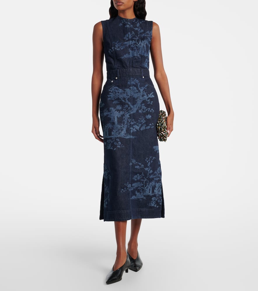 Embroidered cotton denim pencil dress