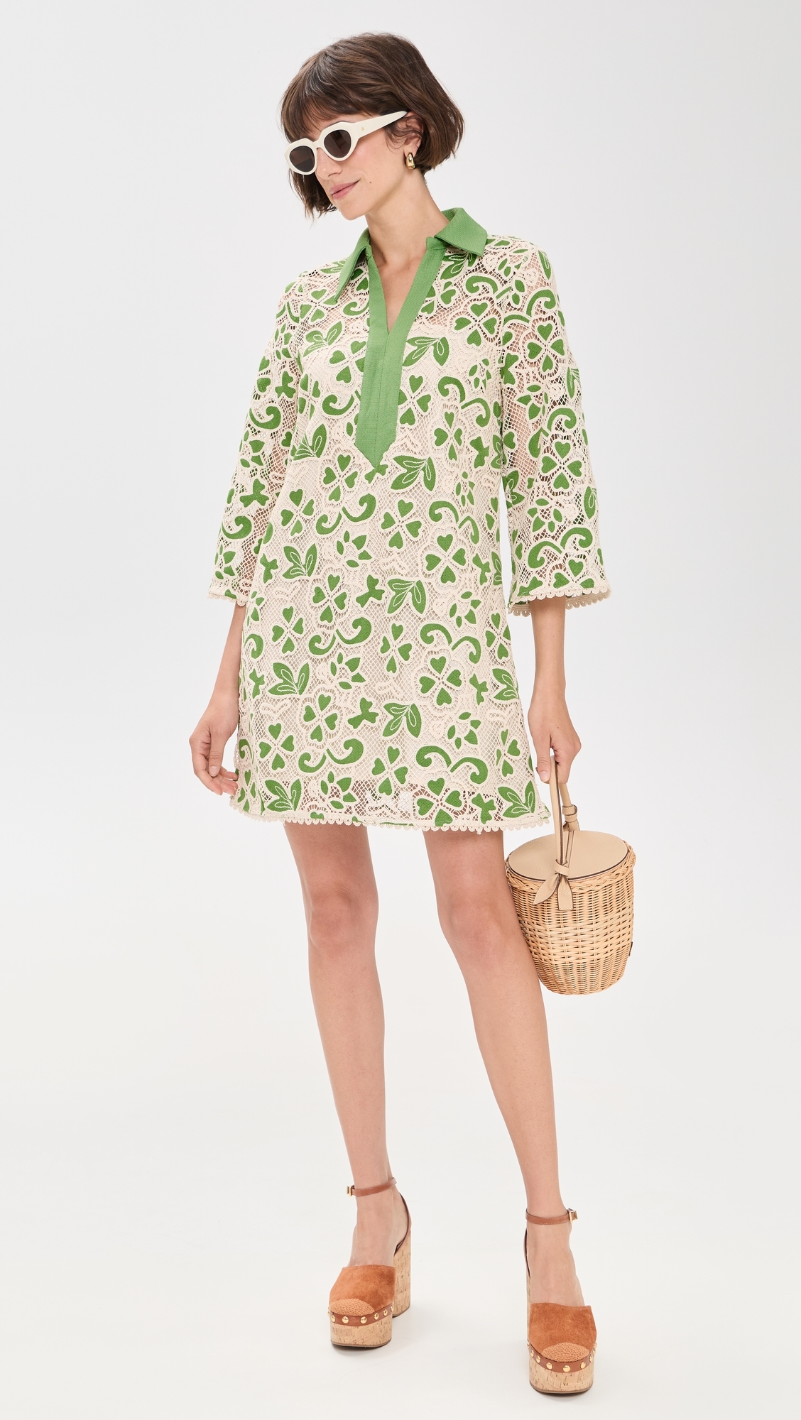 Embroidered Collar Mini Dress Green/Natural