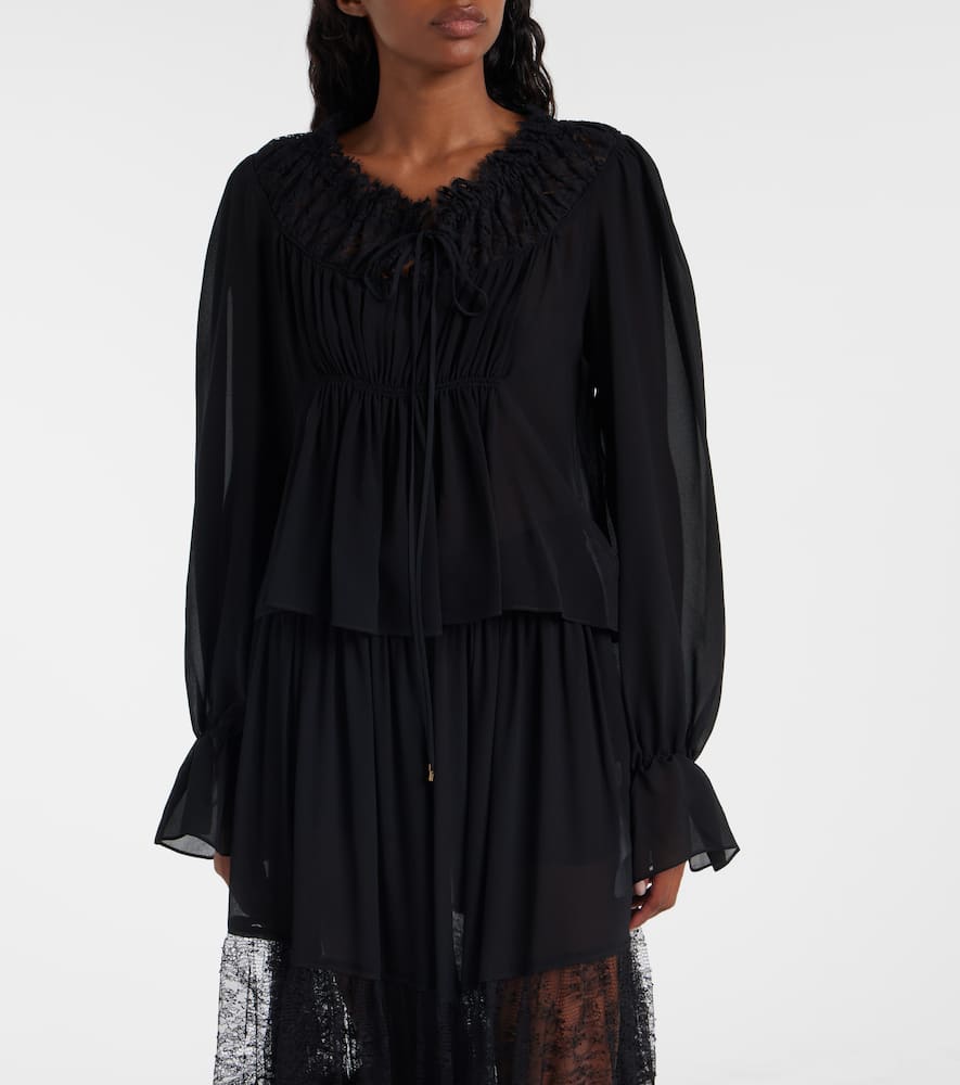 Chloé Gathered lace-trimmed silk georgette blouse