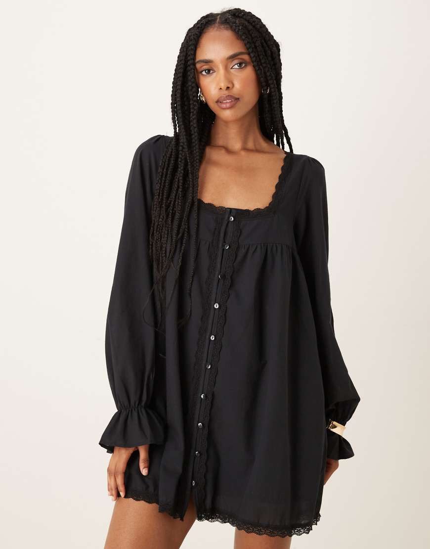 Cotton lace trim long sleeve babydoll mini dress in black