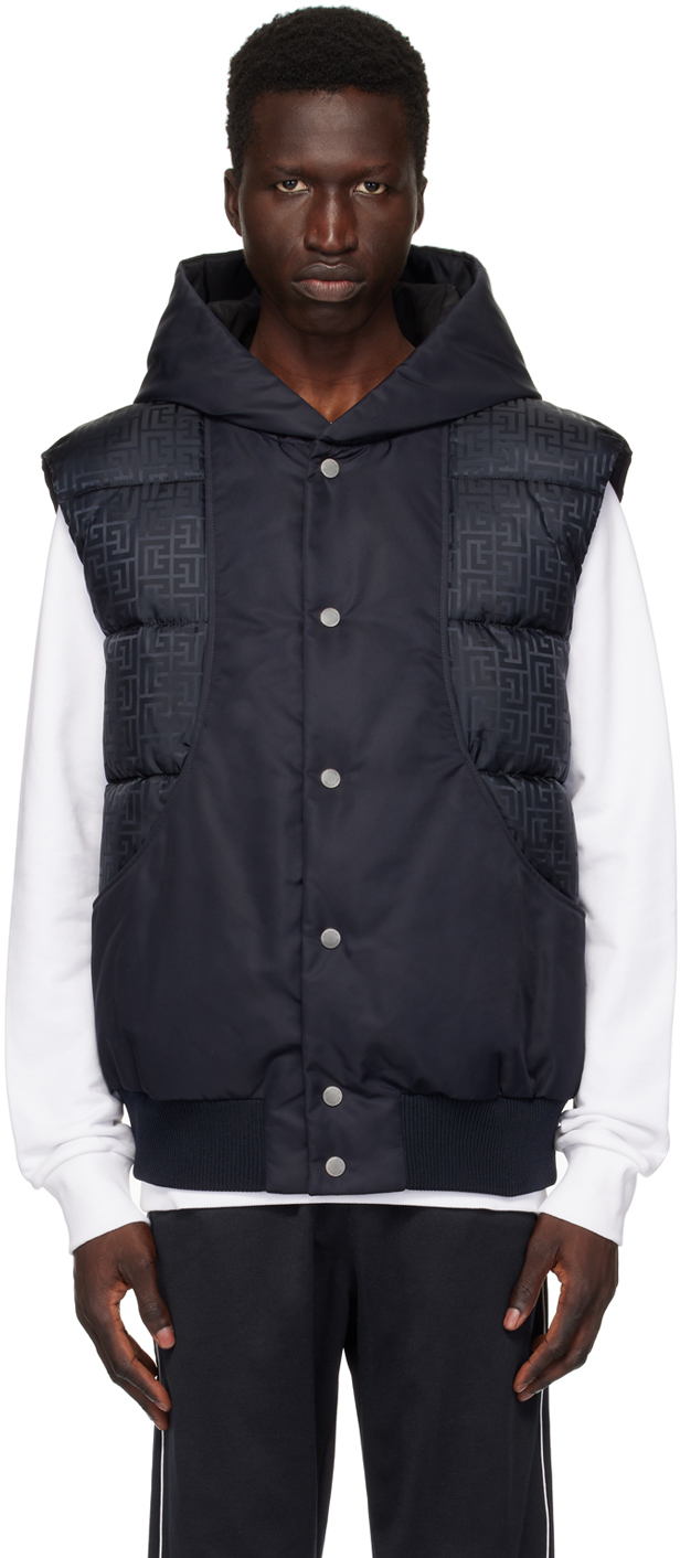 Balmain Black & Navy Monogram Puffer Vest