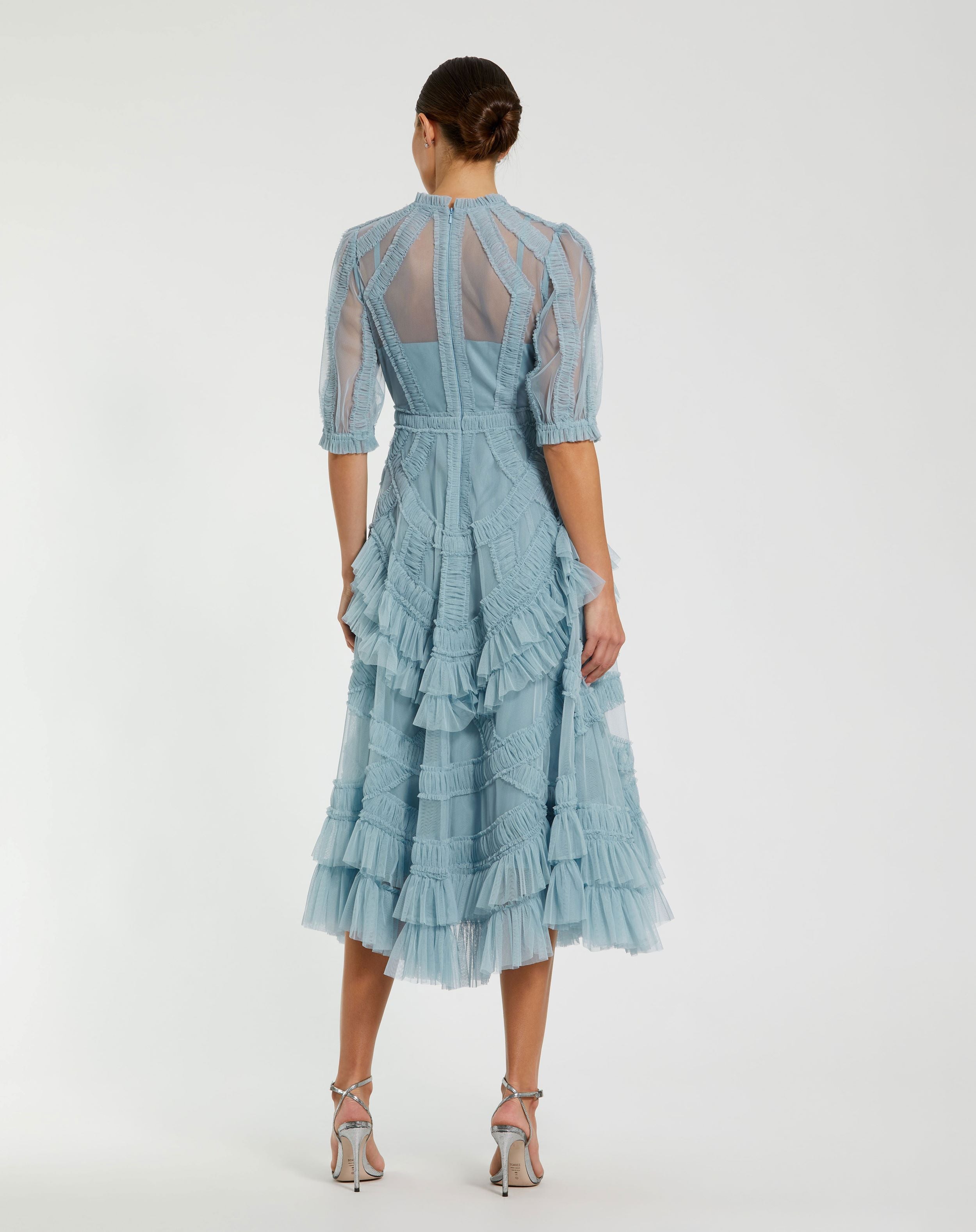 Light Blue High Neck Micro Ruffle Tiered Midi Dress In