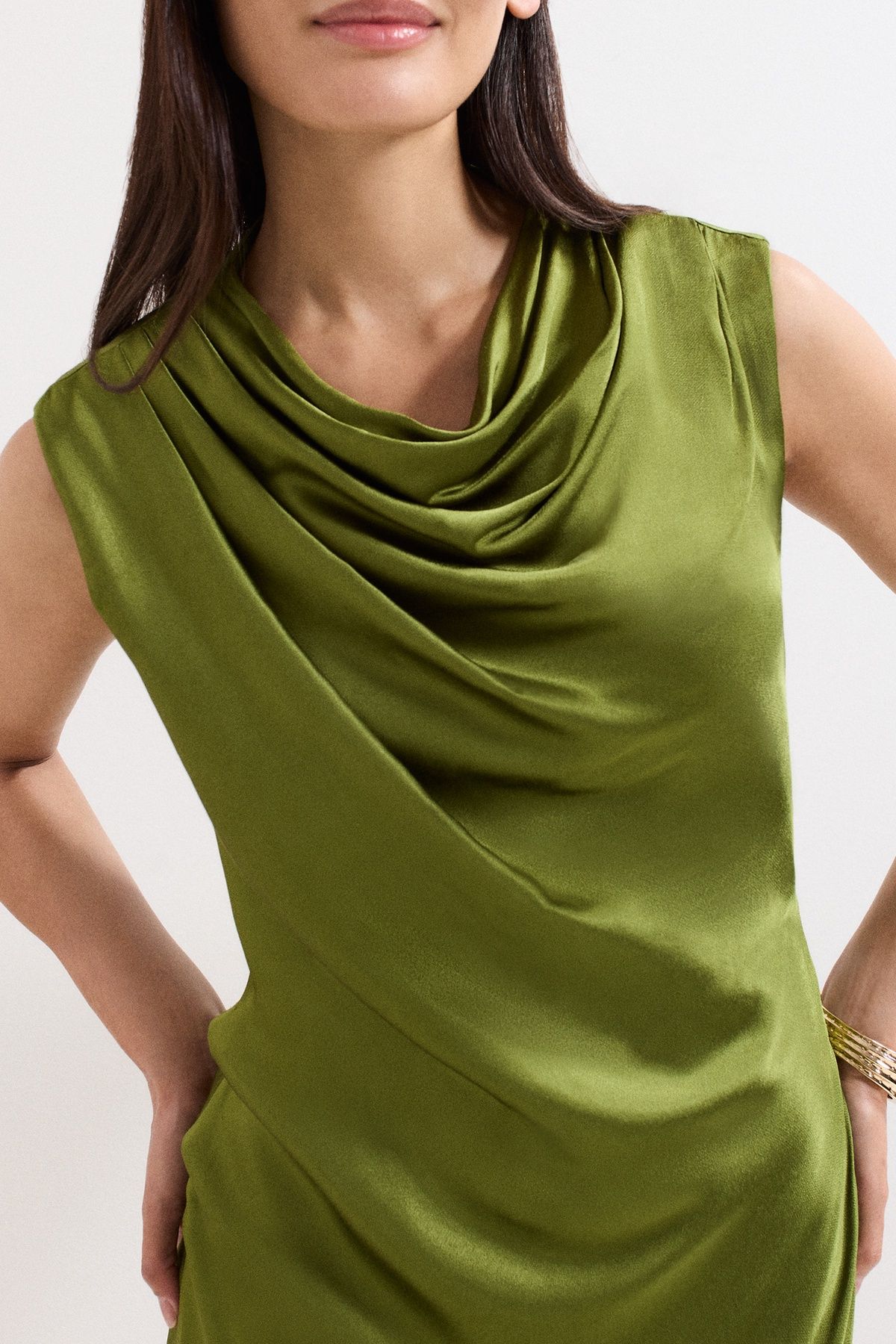 Phase Eight Women's Hallie Green Satin Cowl Neck Midi Dress in Olive