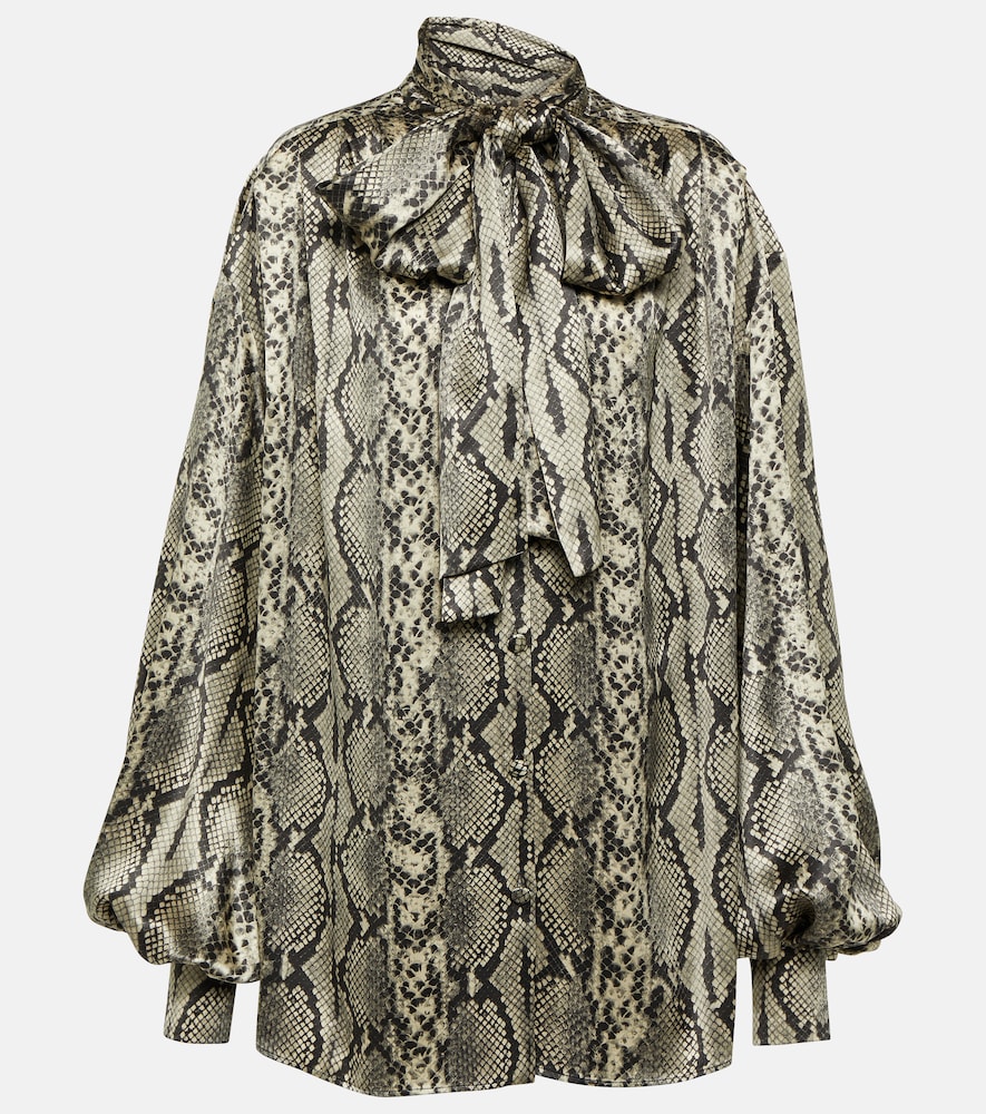 Snake-print tie-detail silk blouse
