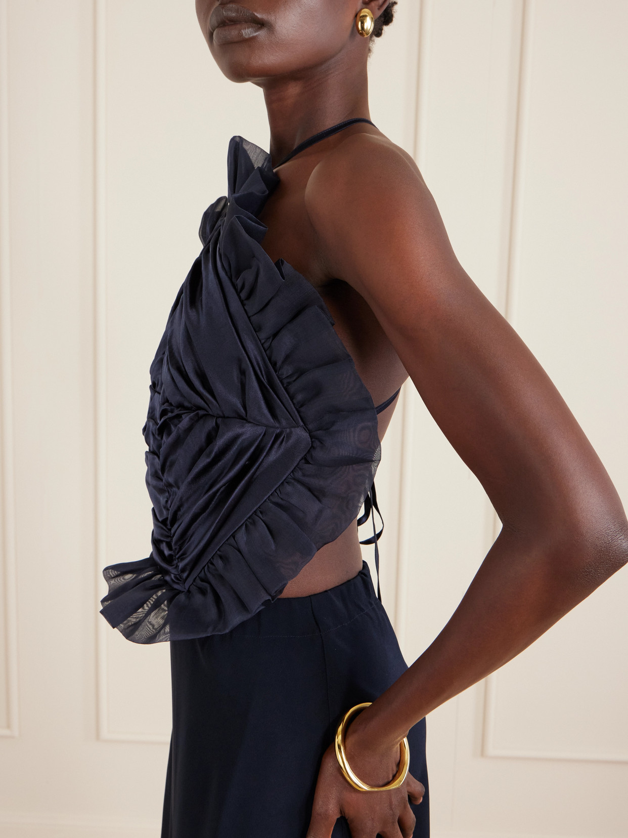 Open-back Ruched Ruffled Organza-trimmed Silk-satin Halterneck Gown - Blue
