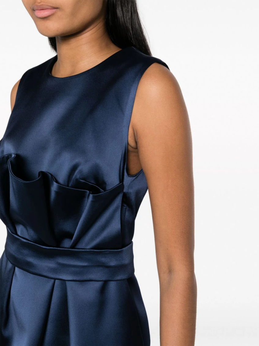 Navy Blue Satin Belted Sleveless Minidress
