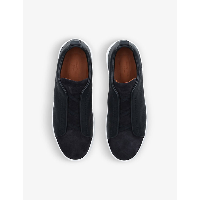Mens Navy Triple Stitch Leather and Suede Trainers