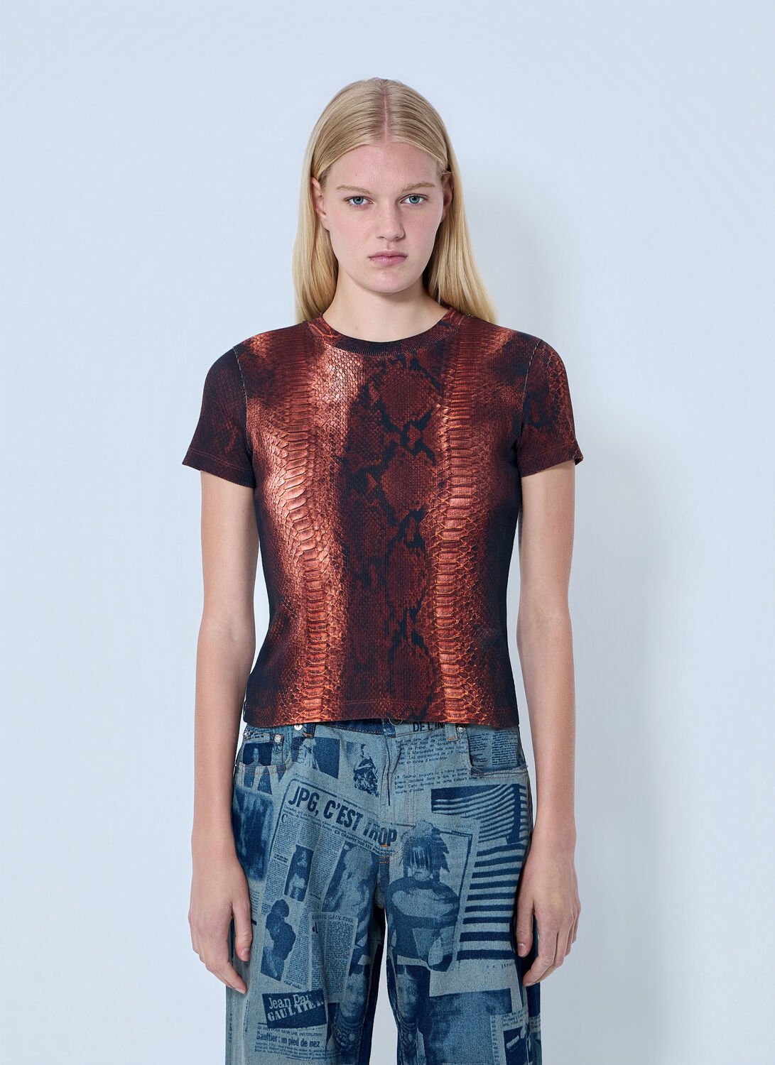 Cotton Ribbed Python Print T-shirt - Woman T