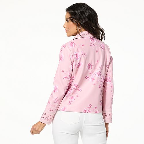 Colleen Lopez Embroidered Faux Leather and Print Moto Jacket - Red
