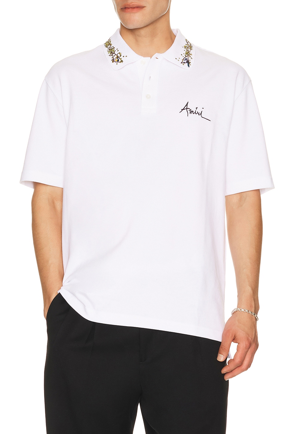Amiri Amiri Floral Collar Polo in White - White. L also in M, S, XL/1X, XXL/2X