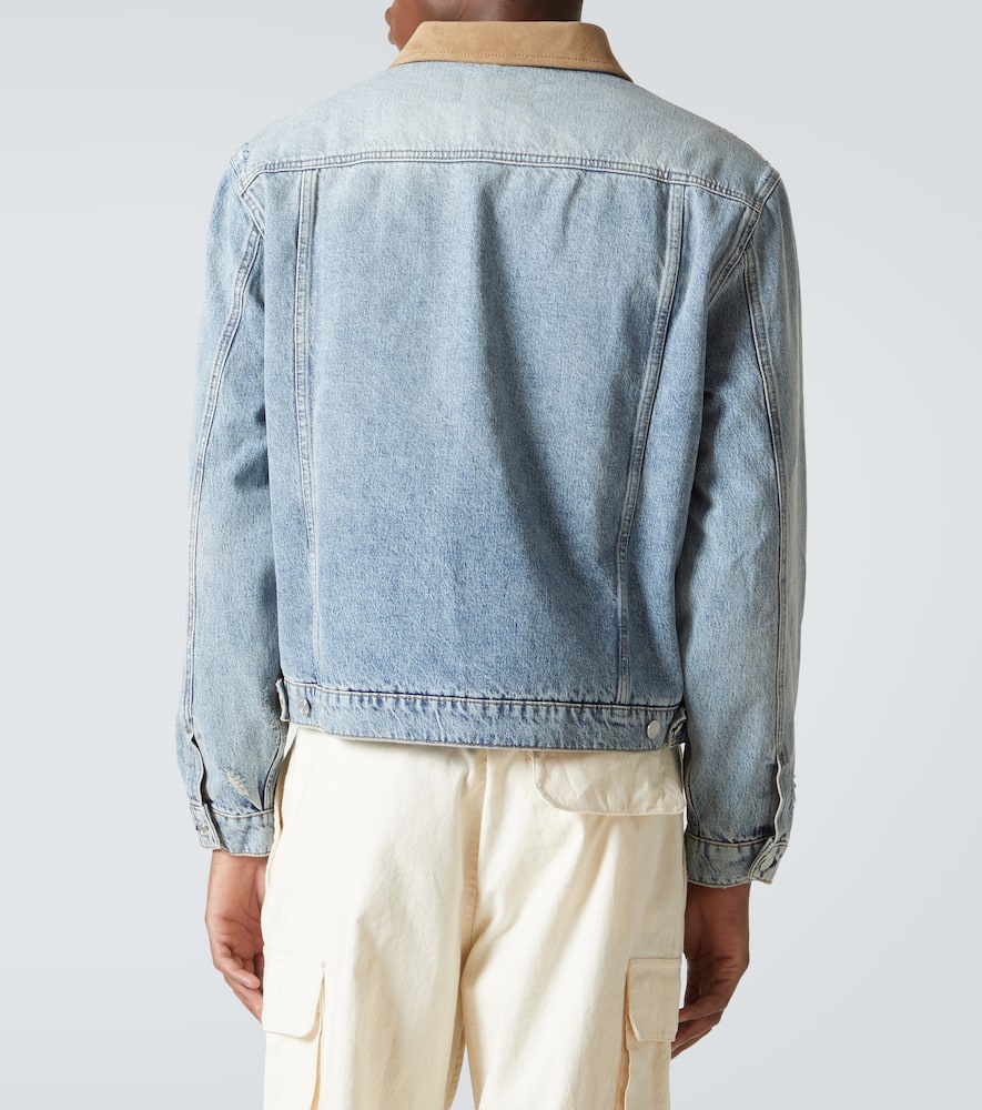 Distressed suede-trimmed denim jacket