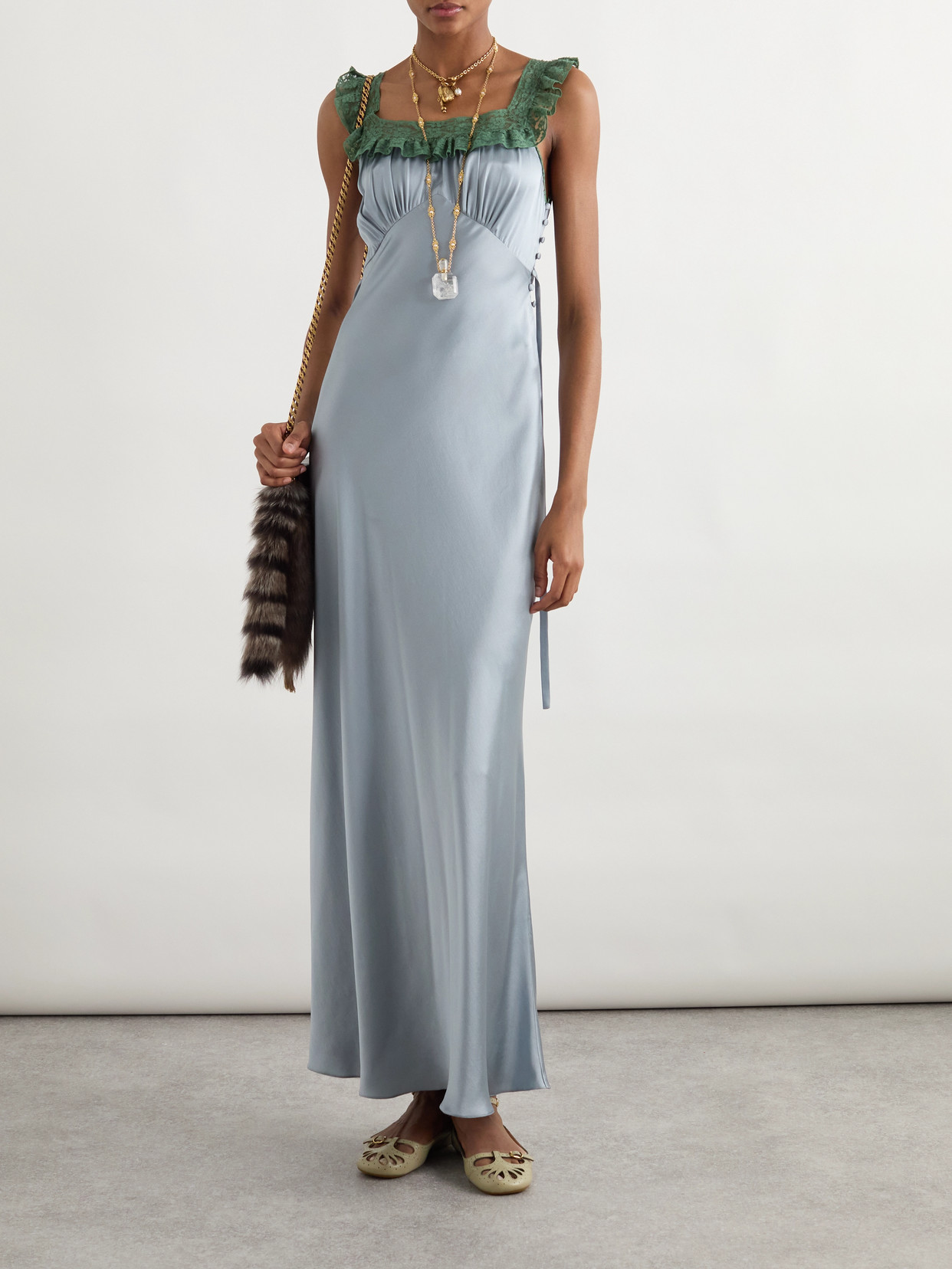 Lace-trimmed Silk-satin Gown - Blue