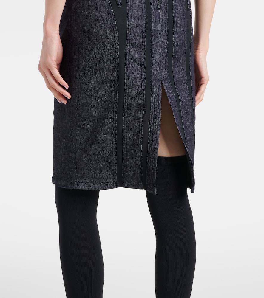 Mesh-trimmed denim midi dress