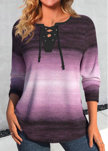 Modlily Purple Lace Up Ombre Long Sleeve T Shirt