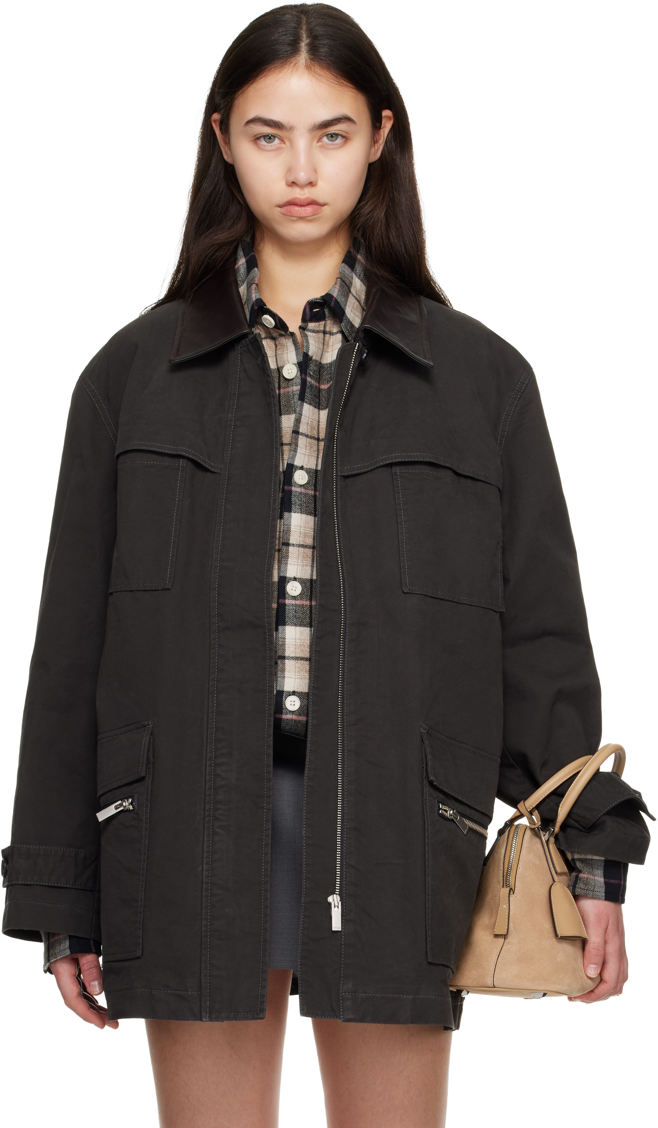 Black Leather-Collar Multi-Pockets Distressed Jacket