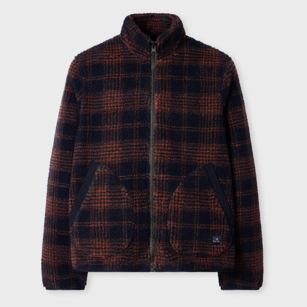 Navy and Orange Check Zip Fleece Jacket Blue