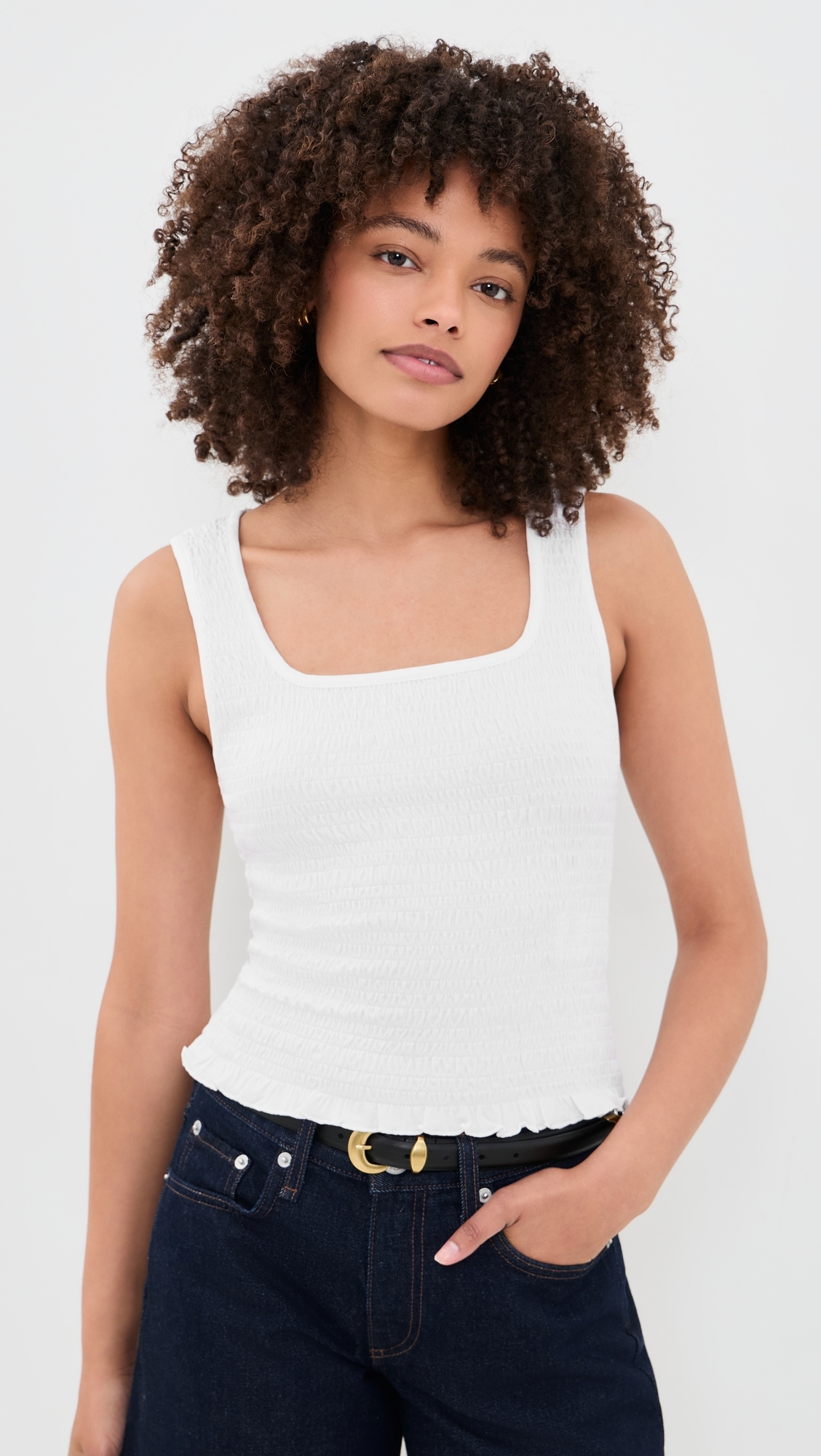 Scoop Neck Smocked Tank White