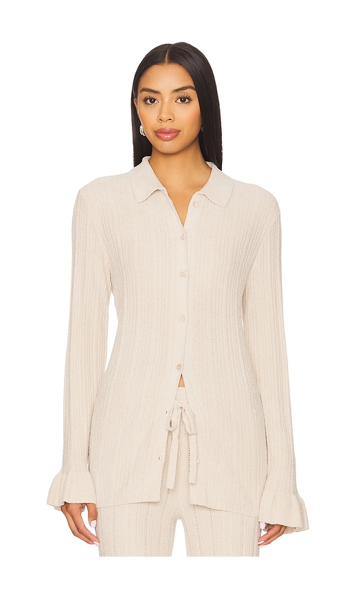 Barefoot Dreams CozyChic Ultra Lite Ribbed Ruffle Cuff Shirt in Cream. - L also in