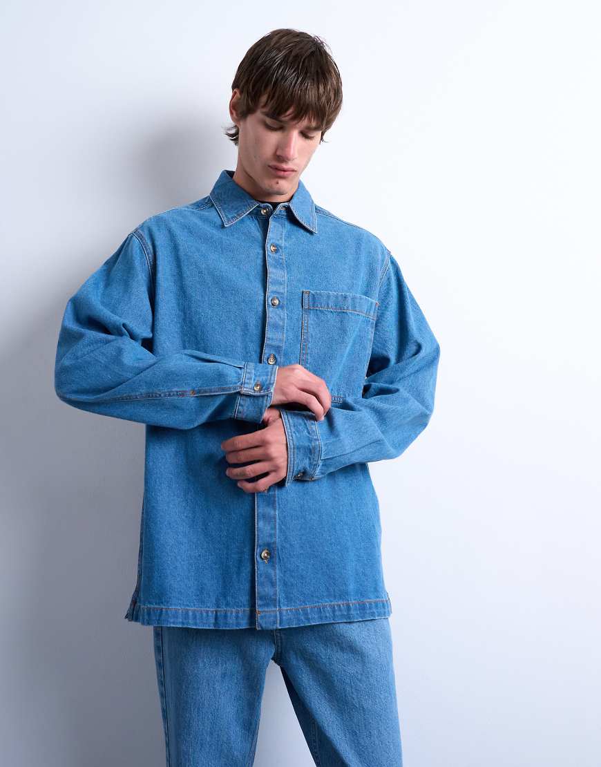 Long sleeve denim washed over shirt in blue