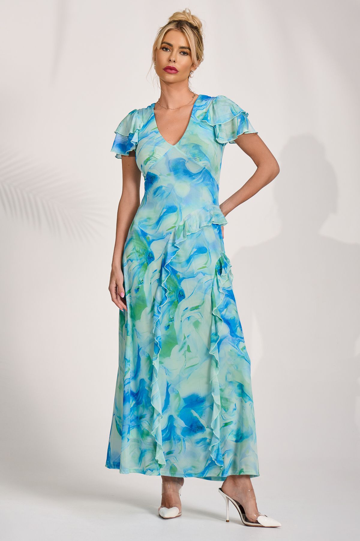 Jolie Moi Women's Cap Sleeve Ruffle Mesh Maxi Dress in Blue
