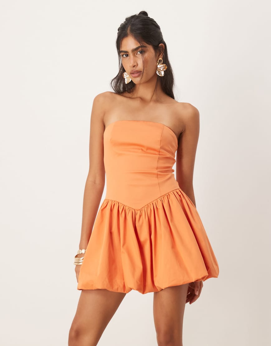 Cotton mix bandeau drop waist bubble hem mini dress in orange