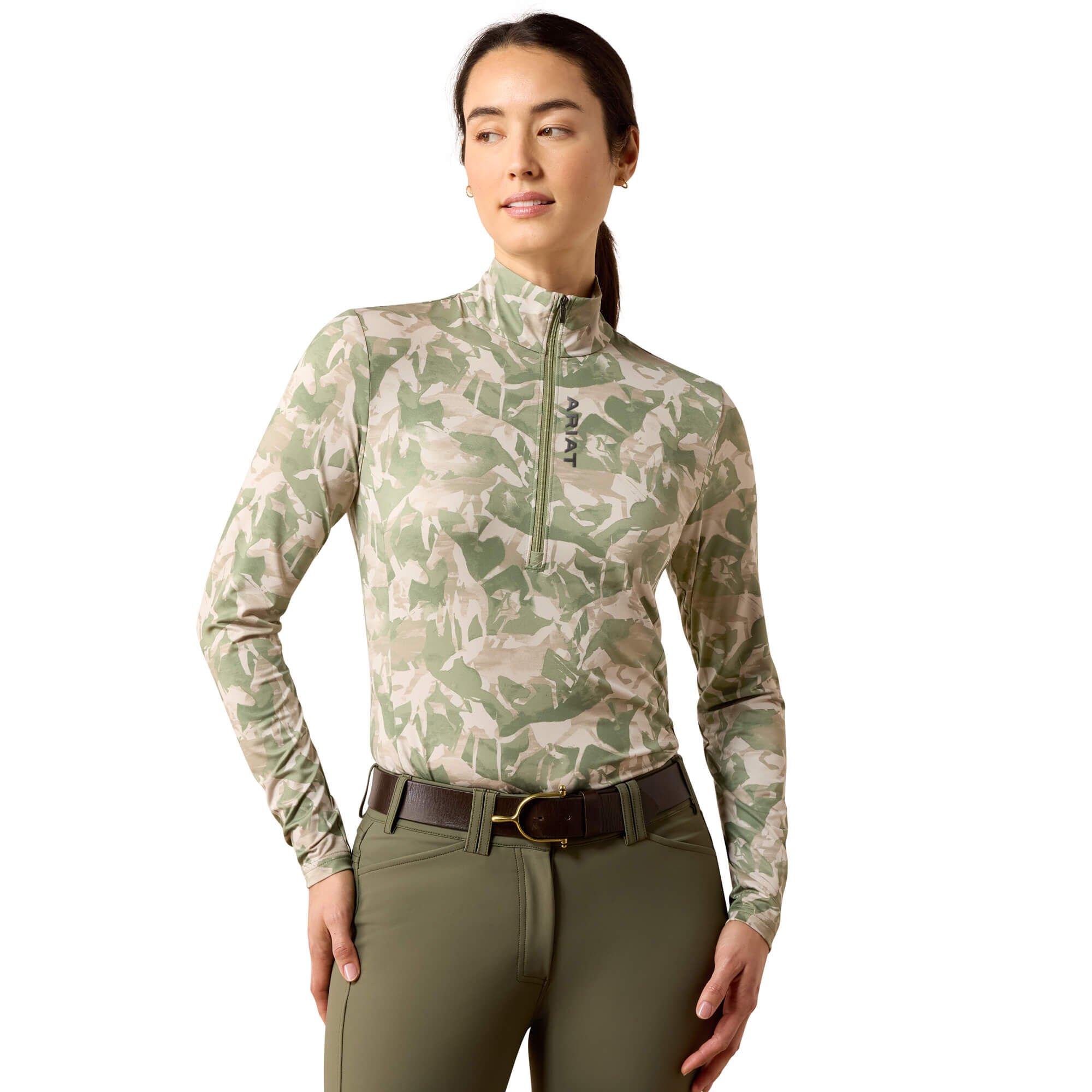 Women's Lunaveil 1/2 Zip Baselayer Top Long Sleeve in Olive Coincide Print, Size 2X-Small, by