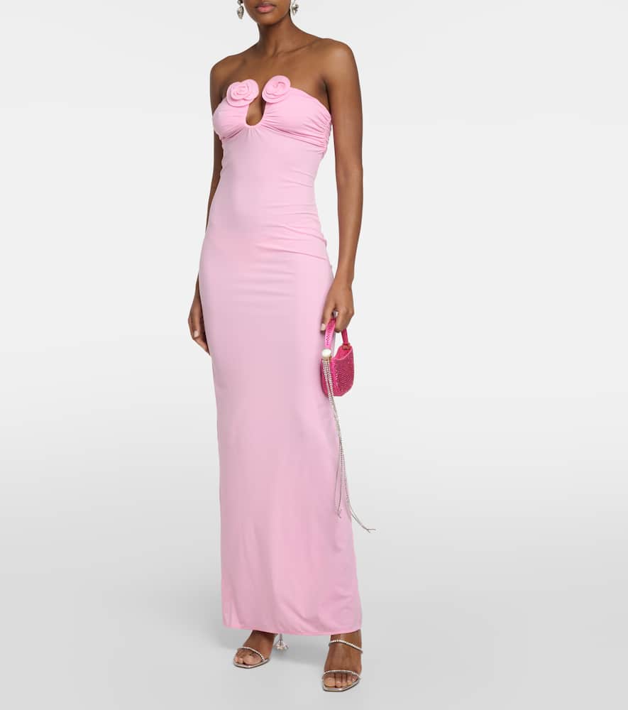 Floral-appliqué strapless maxi dress