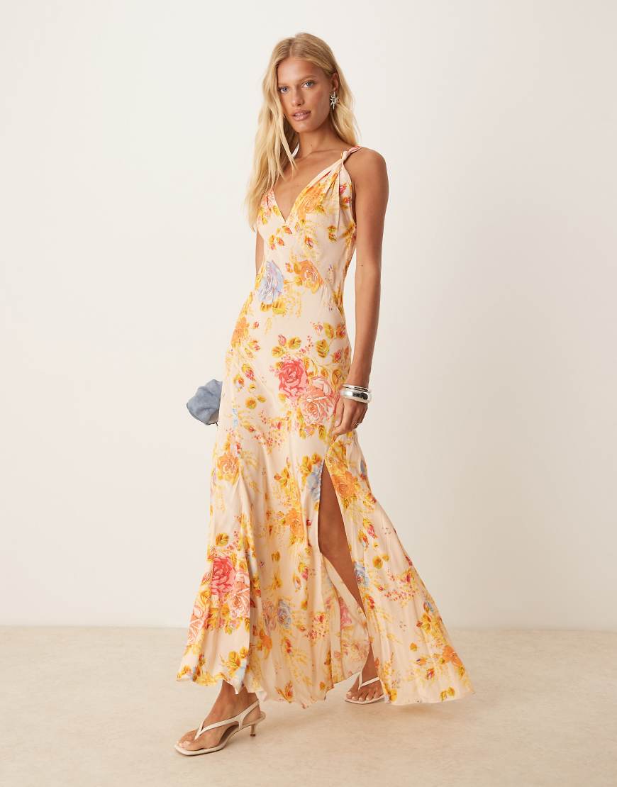 Satin slip maxi dress in floral print-Pink
