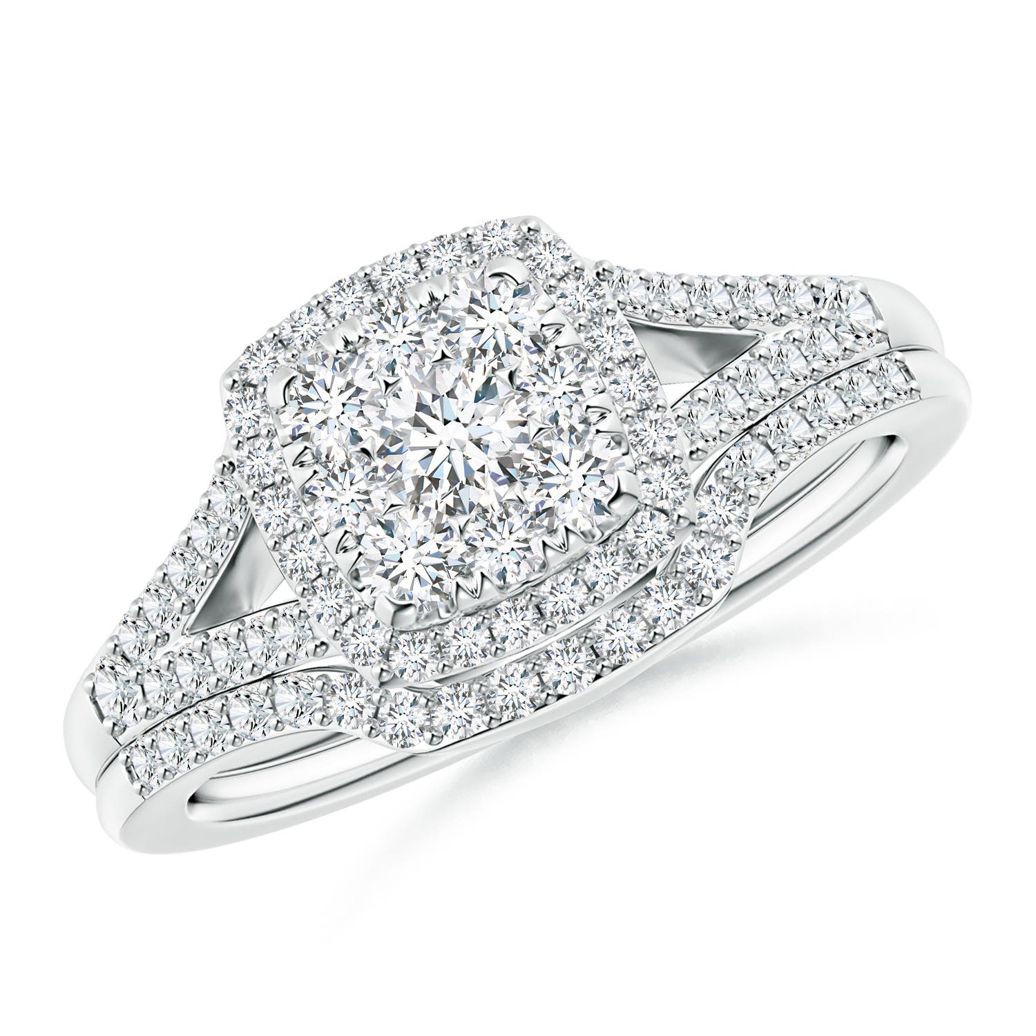 Angara 1.02 Carats Cushion Composite Diamond Halo Split Shank Bridal Set in Platinum