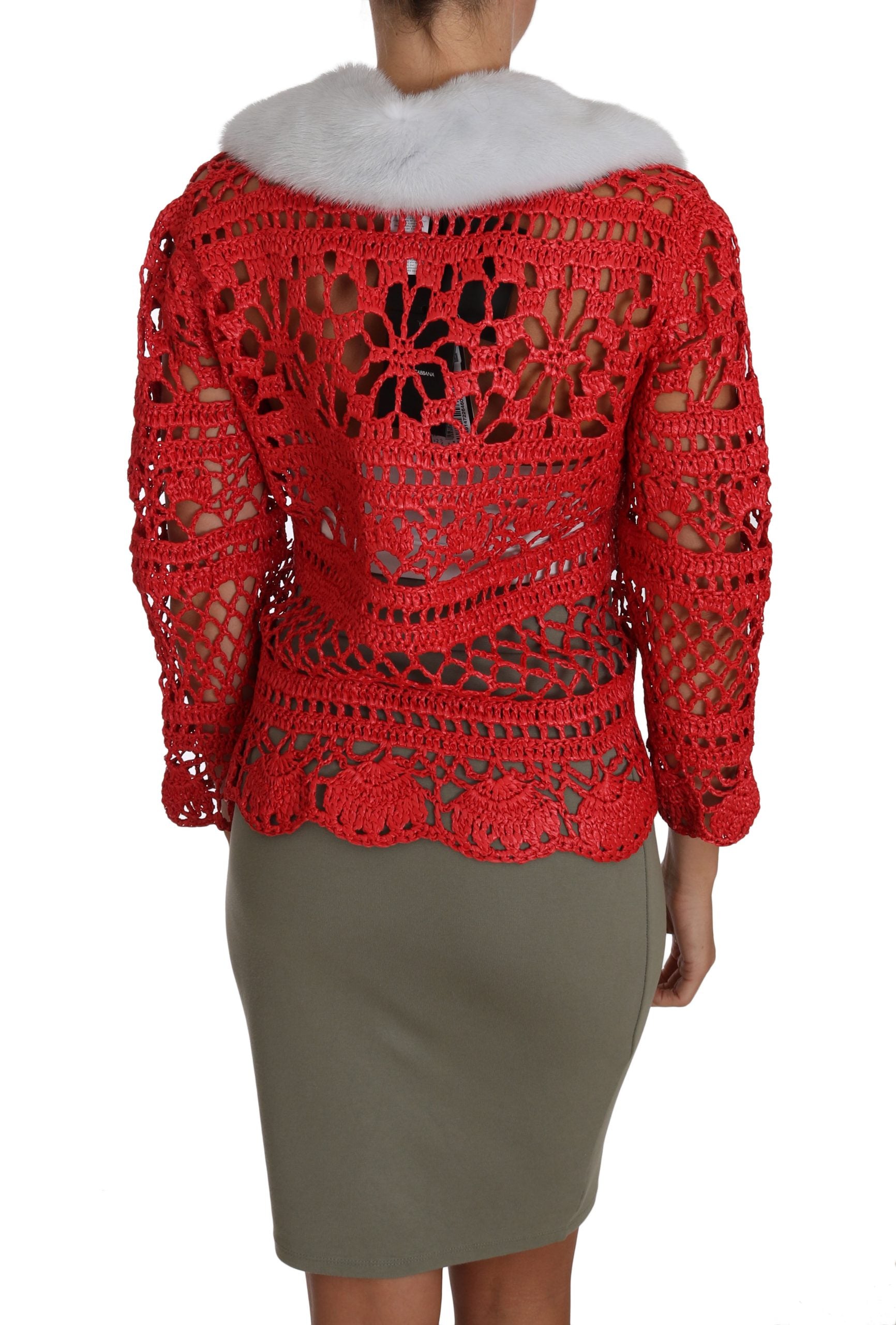 Crochet Lace with Fur Collar Cardigan — Red