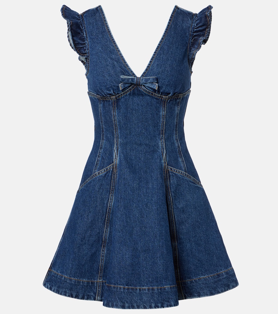 Bow-detail ruffled denim minidress